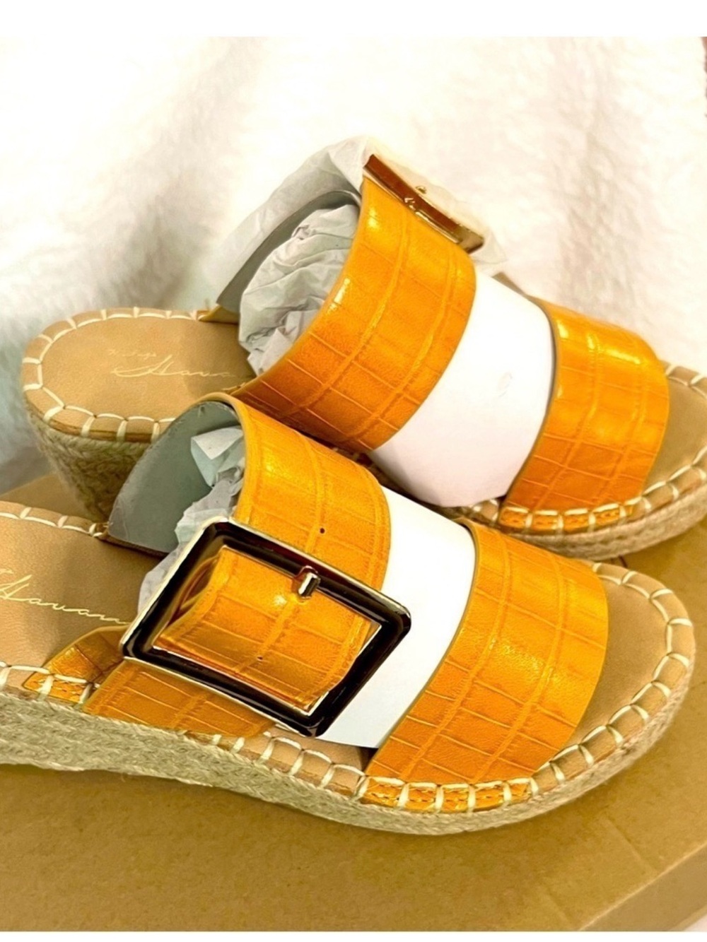 Vintage Havana Orange and White Croc-Embossed Slide Wedge